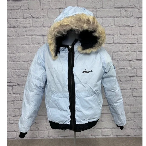 Vintage Azzure Blue Puffer Jacket Hooded Zip Up Bomber Style Reversible MNEW